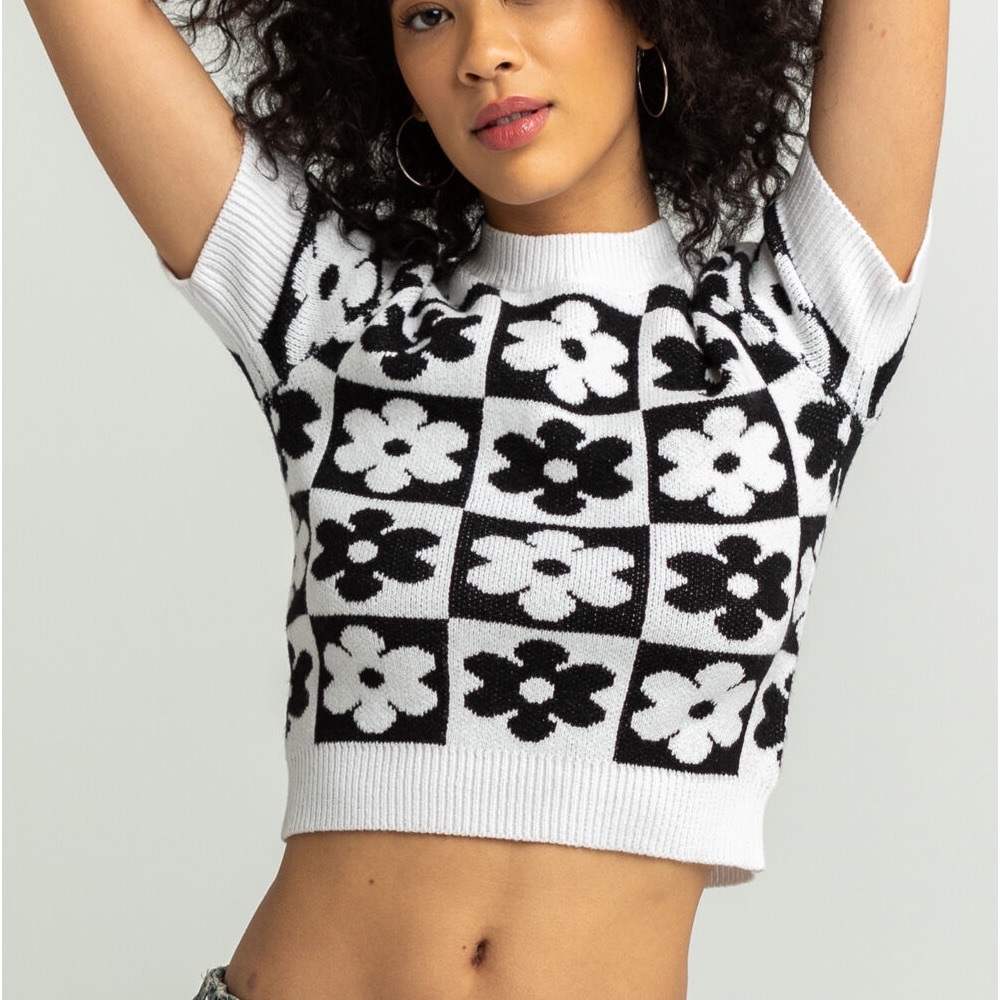 RSQ Womens Checker Flower Crop Sweater